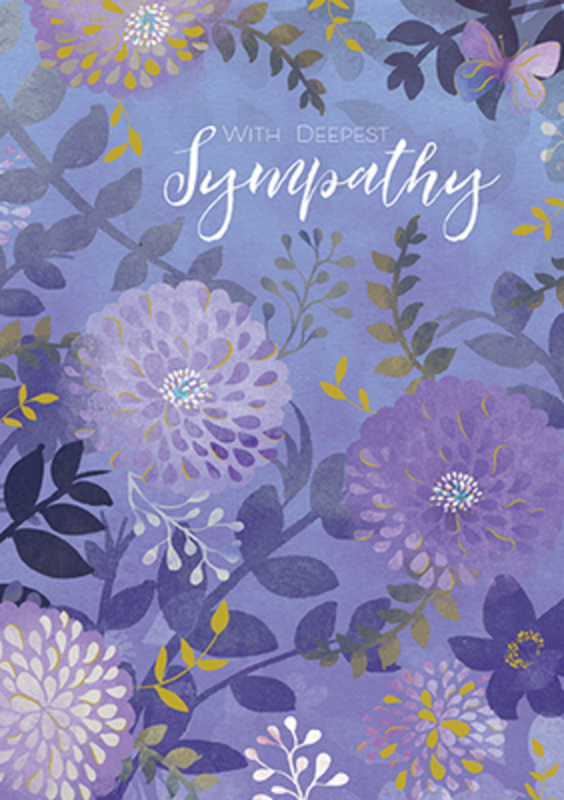 This sympathy greetings card from Paper Rose has a purple floral design and With Deepest Sympathy written on the front. This thoughful card is ideal to send to someone who has lost someone special and has May love and understanding help you find your way through all the grief and heartache you're suffering today written inside. It comes complete with an envelope and is a lovely sympathy card from Paper Rose.